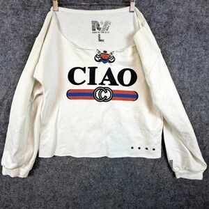 Rebel Yell Ciao Crop Sweatshirt Women Large Beige Y2K Raw Hem Stud Detail